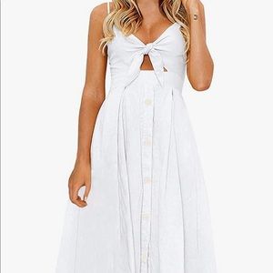 Womens White Tie Front Button Down Spaghetti Strap Midi Dress